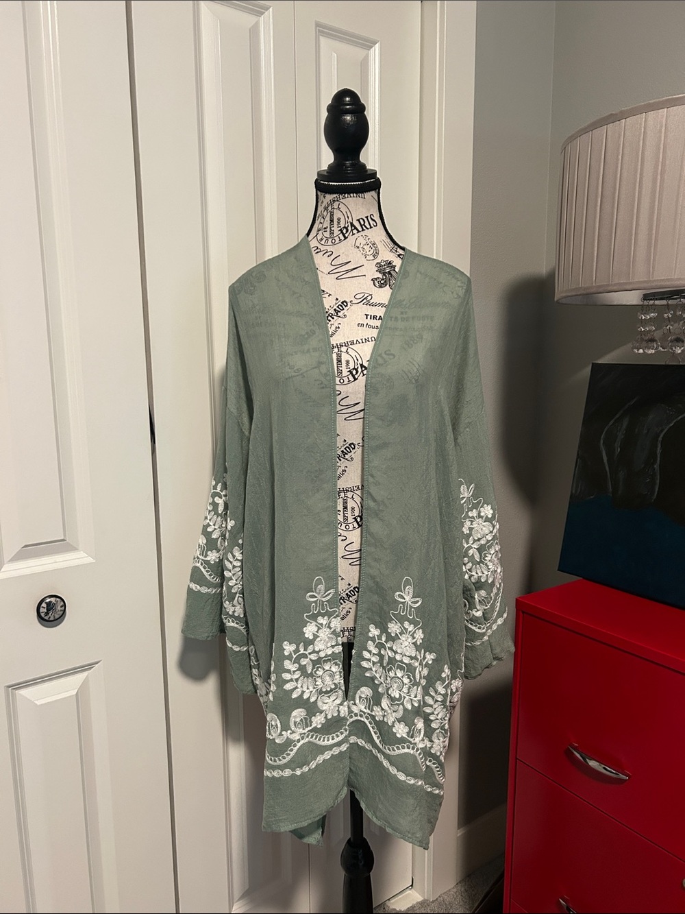 Sage Green Embroidered Kimono Cardigan